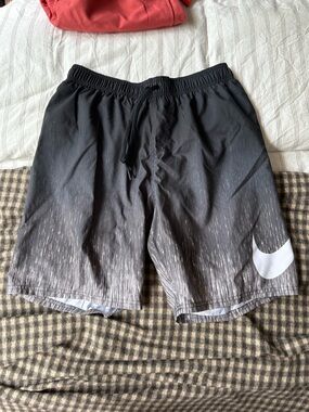 Nike Men’s Black to Gray Gradient Athletic Shorts with White Swoosh